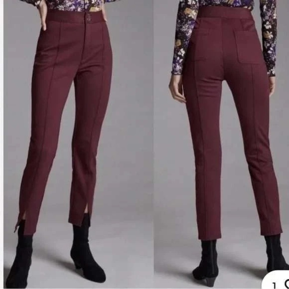 Maeve Anthropologie Burgundy High Rise Front Slit Pants Wine Skinny Office Sz 2